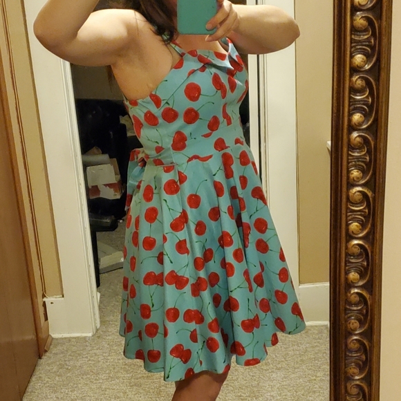 Tribal Rhythm Cherry Retro Dress Women's Medium ? Rockabilly Skater Blue Red - Picture 8 of 13